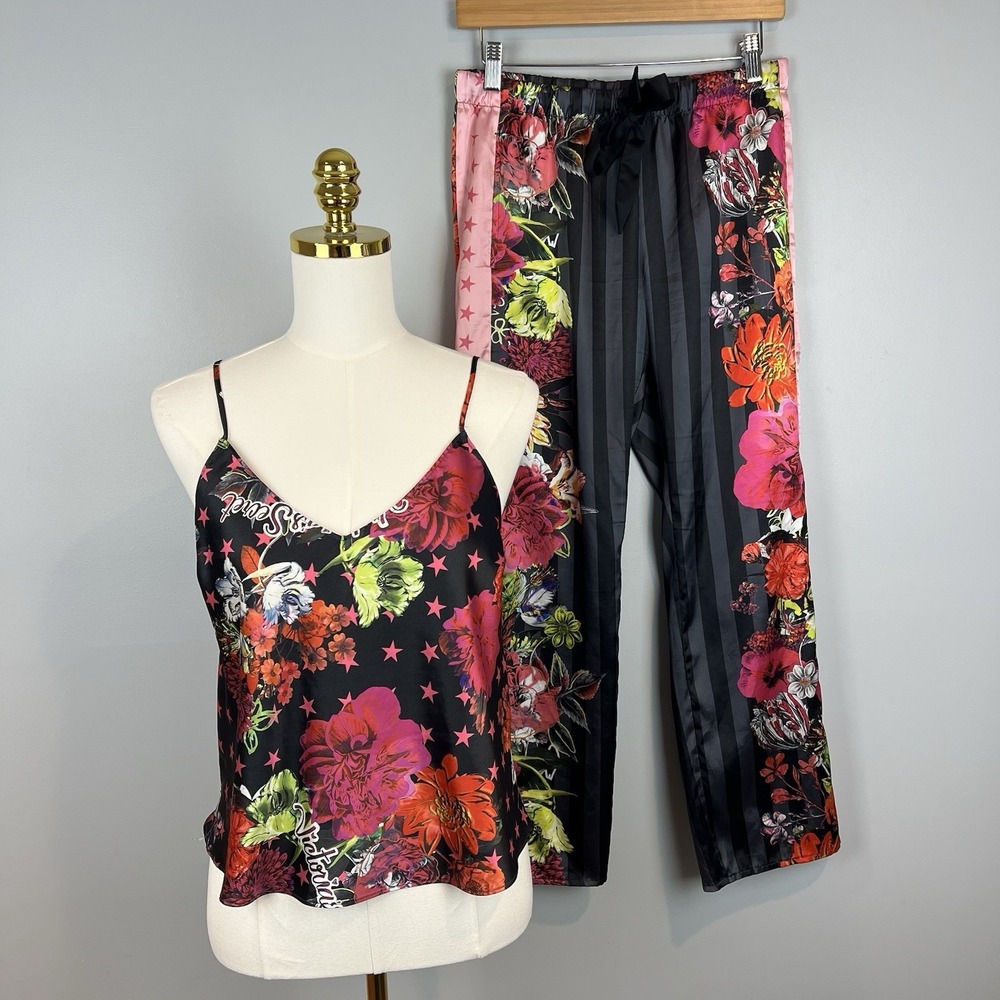Victoria's Secret Black Satin Cami and Pants Pajama Set Size Small Floral Stripe